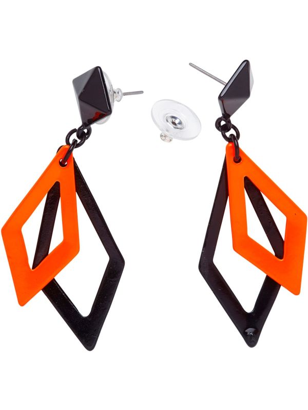 Zwart en Neon Oranje Ruit Oorbellen
