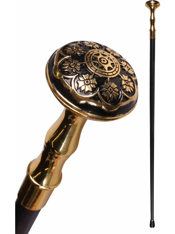 Zwart Gouden Houten Wandelstok met Metalen Knop