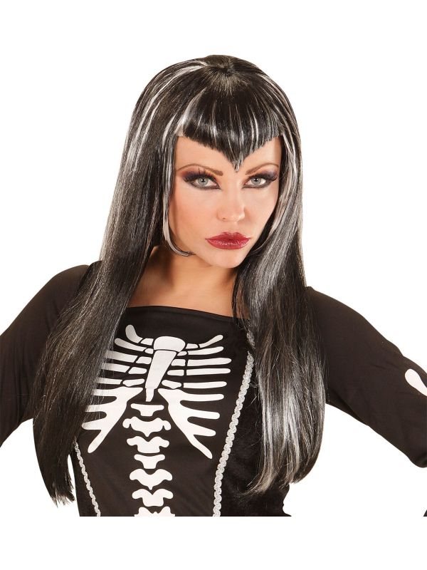 Zwart Lange Pruik met Grijze Accenten