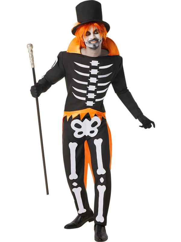 Zwart Oranje Halloween Skelet Kostuum Heren