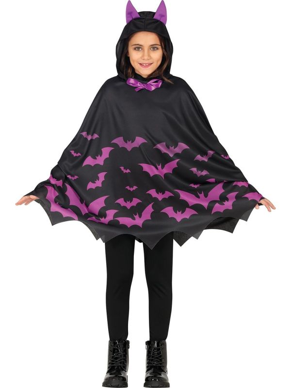 Zwart Paarse Vleermuis Halloween Poncho Kind