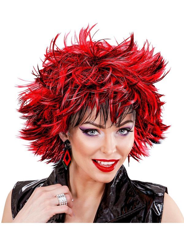 Zwart-Rode Wilde Disco Pruik