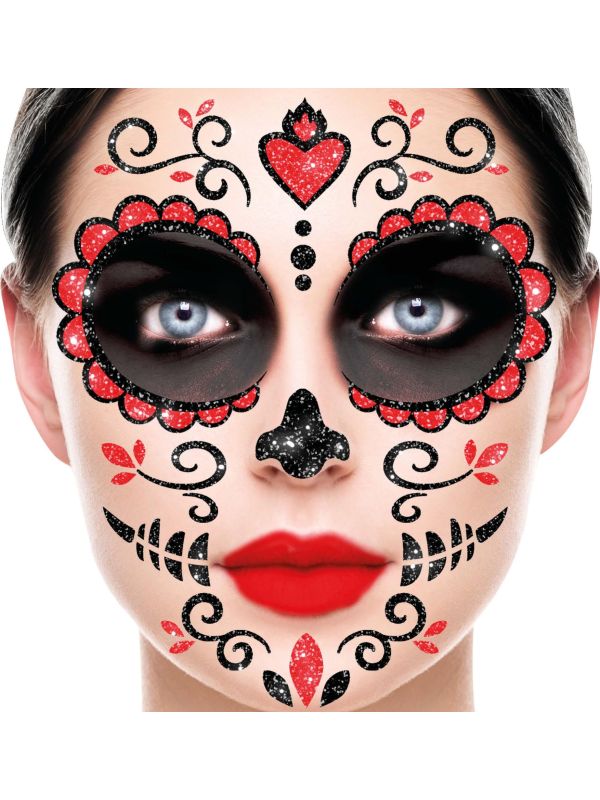 Zwart Rood Dia De Los Muertos Glittermasker