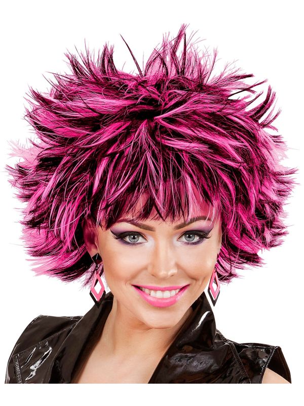 Zwart-Roze Wilde Disco Pruik