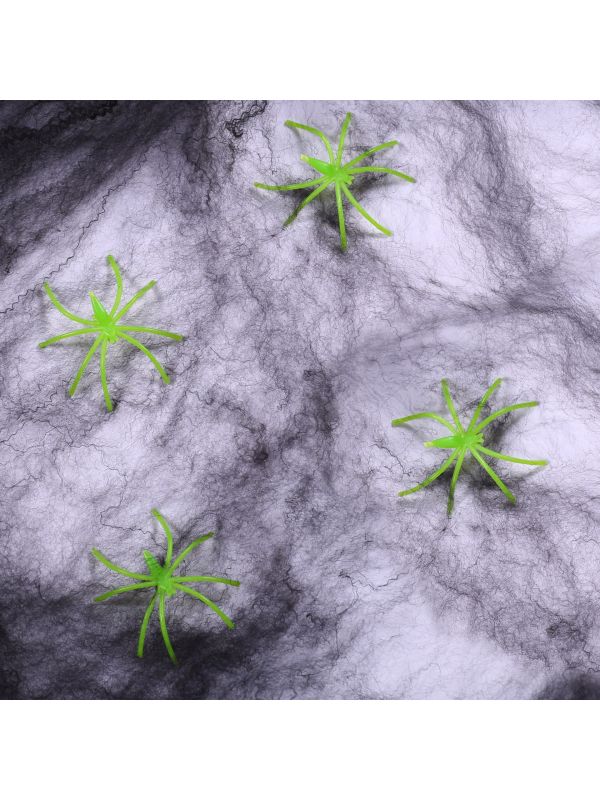 Zwart Spinnenweb 125 gram met 12 Nep Spinnen Halloween