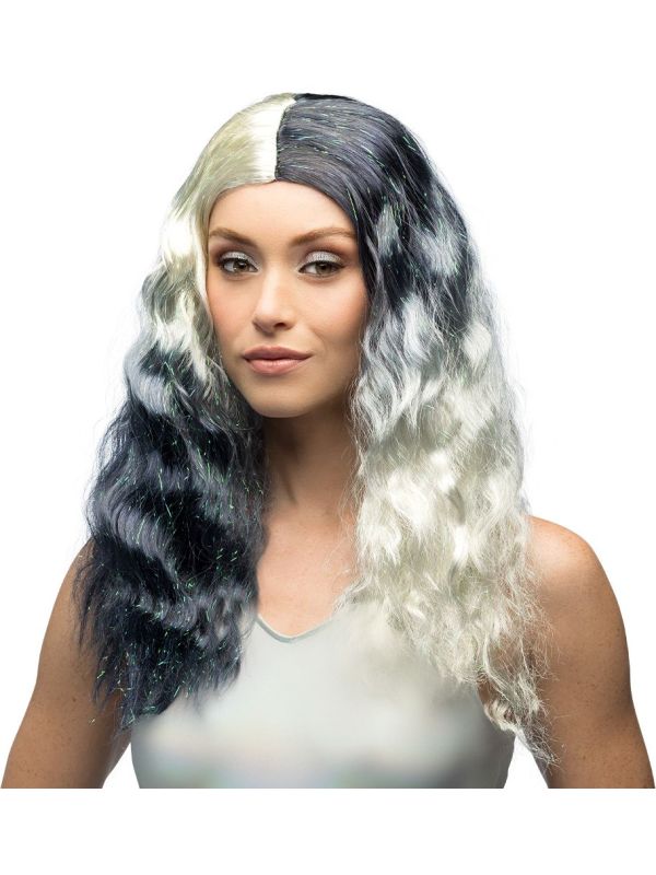 Zwart Witte Galaxy Pruik Dames Lang Krullend