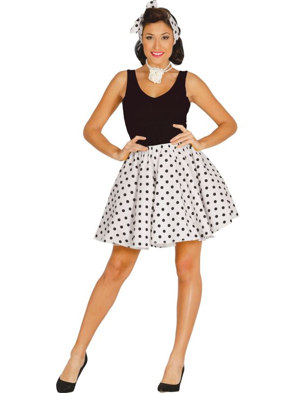 Zwart Witte Retro 50's Polkadot Rok met Hoofdsjaal Dames