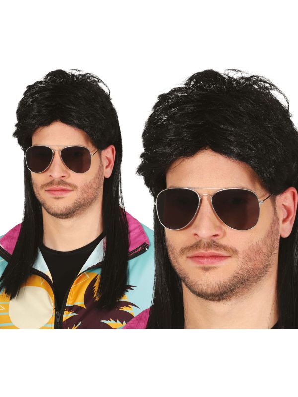 Zwarte 70's New Kids Pruik met Lange Mat