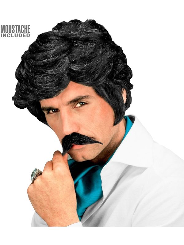 Zwarte 80's Playboy Pruik met Snor