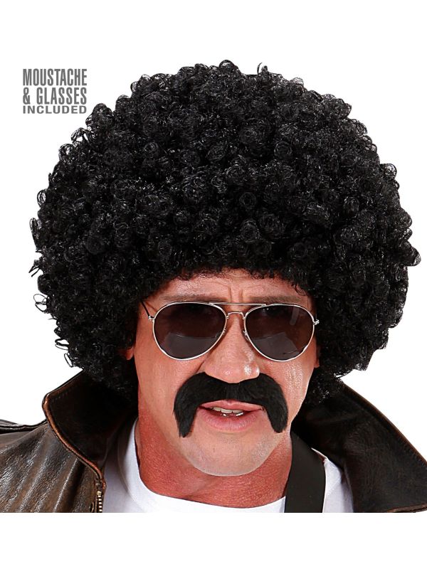 Zwarte Afro Pruik met Snor en Bril