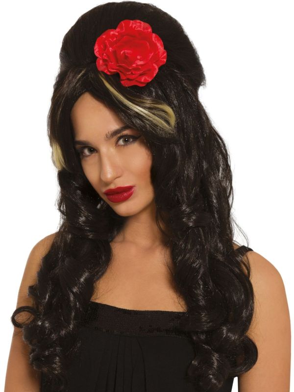 Zwarte Amy Winehouse Pruik met Bloem