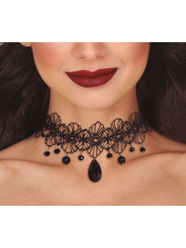 Zwarte Bloemen Kant Choker met Zwarte Steentjes
