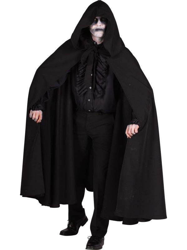 Zwarte Cape met Capuchon 140 cm Halloween Gothic