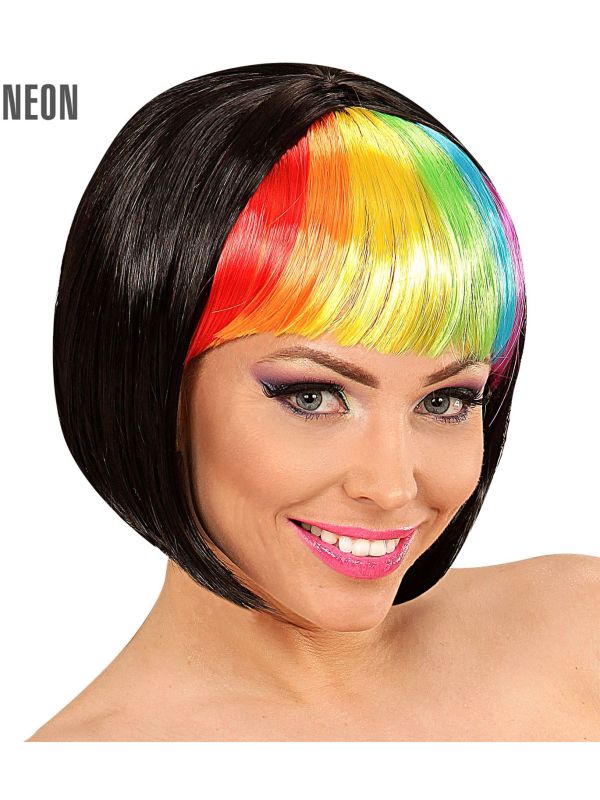 Zwarte Disco Pruik met Regenboog Pony