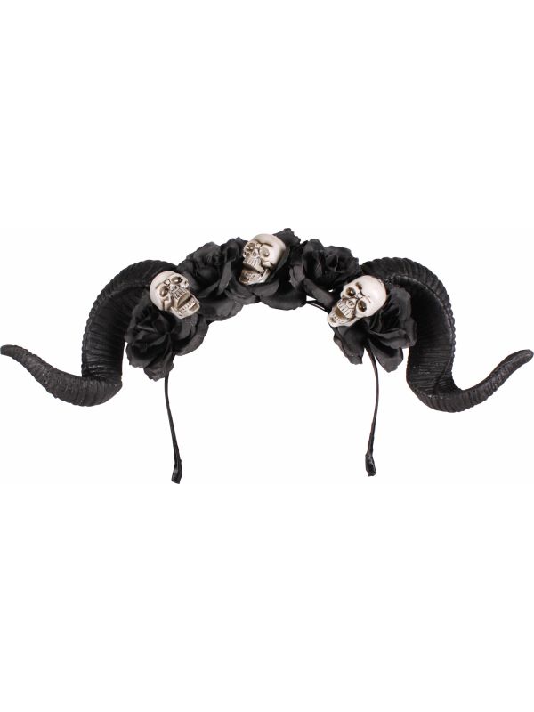 Zwarte Duivel Haarband met Horens en Doodshoofden Halloween