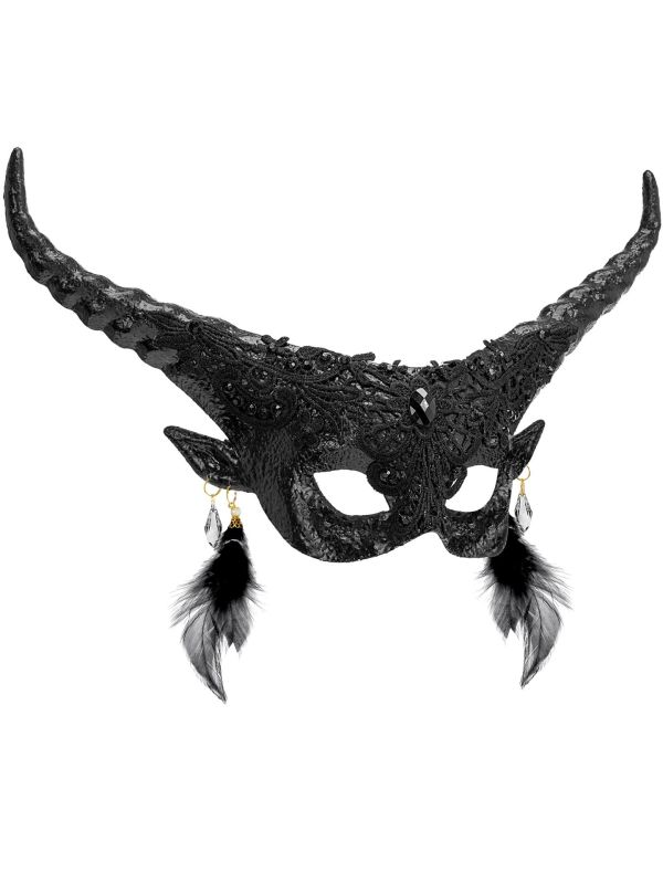 Zwarte Duivel Oogmasker met Veren Oorbellen