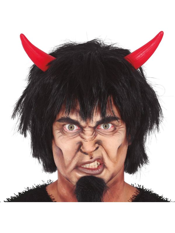Zwarte Duivel Pruik met Rode Hoorntjes