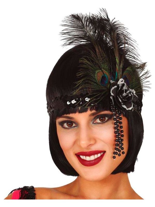 Zwarte Flapper Hoofdband met Pauwenveer