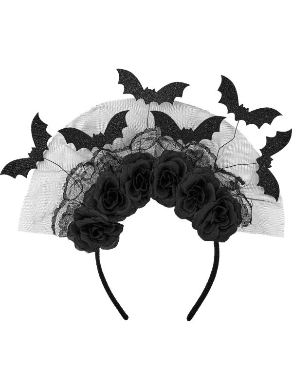 Zwarte Ghotic Hoofdband met Vleermuizen en Rozen