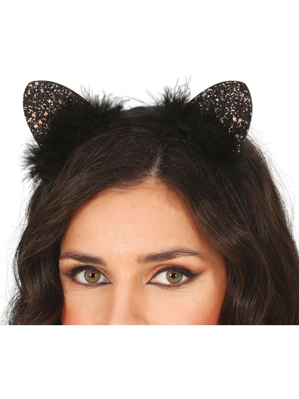 Zwarte Glitter Kattenoren Haarband Dames