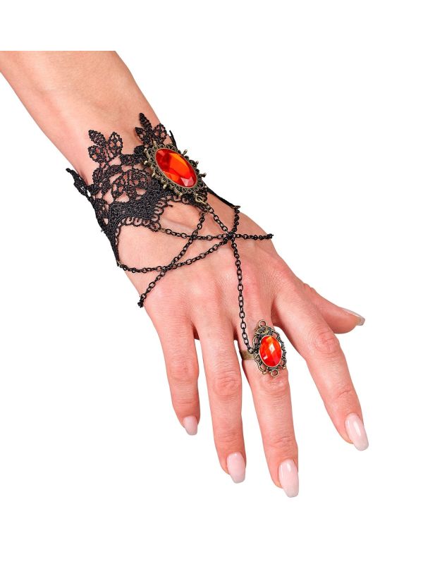 Zwarte Gothic Armband met Ring en Rode Stenen