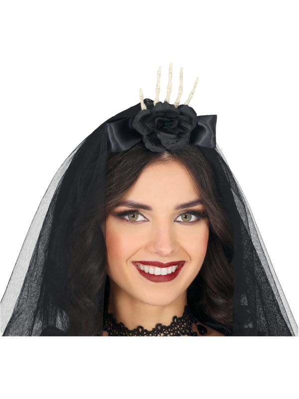 Zwarte Halloween Hoofdband met Sluier en Bloem
