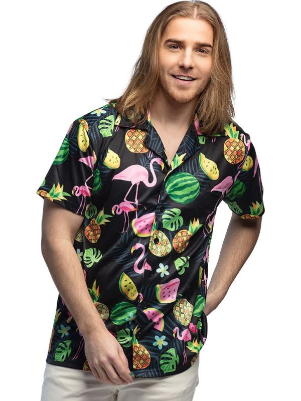 Zwarte Hawaii Flamingo Shirt Heren