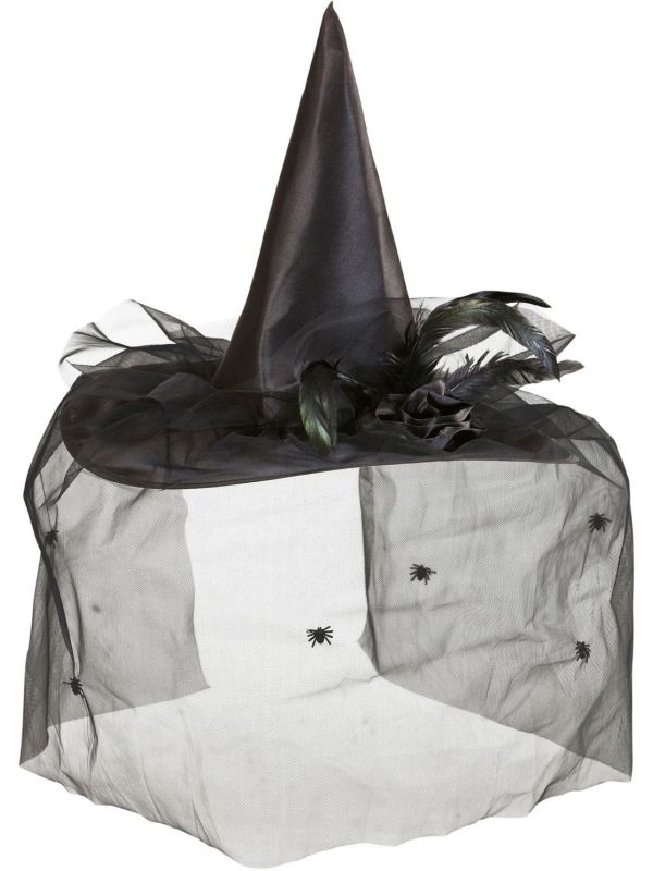 Zwarte Heksenhoed met Bloemen en Tule