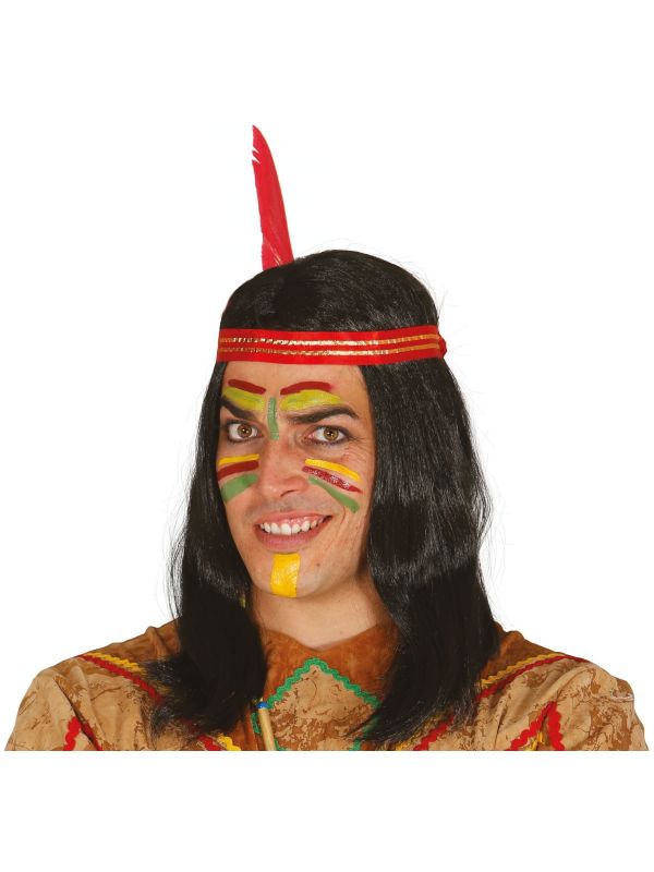 Zwarte Indianen Pruik met Veer