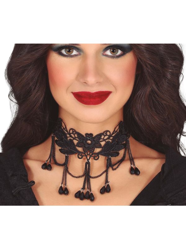 Zwarte Kant Bloemen Choker met Steentjes