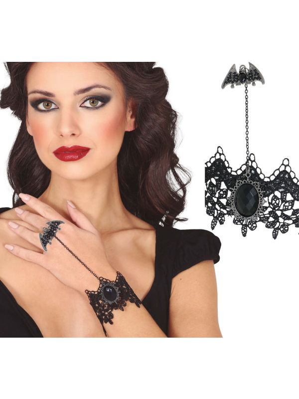 Zwarte Kanten Armband met Vleermuis Ring