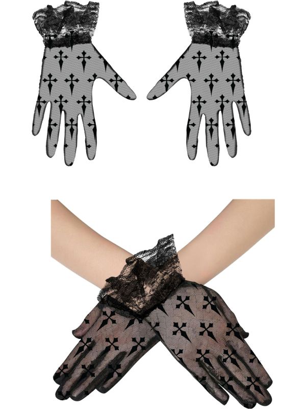 Zwarte Korte Handschoenen Kant Gothic