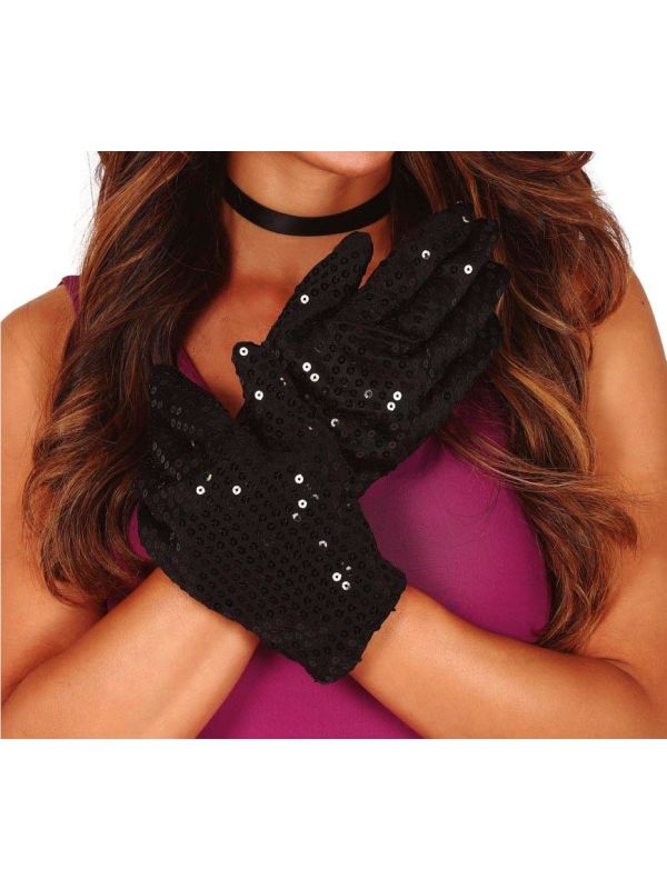 Zwarte Korte Pailletten Handschoenen