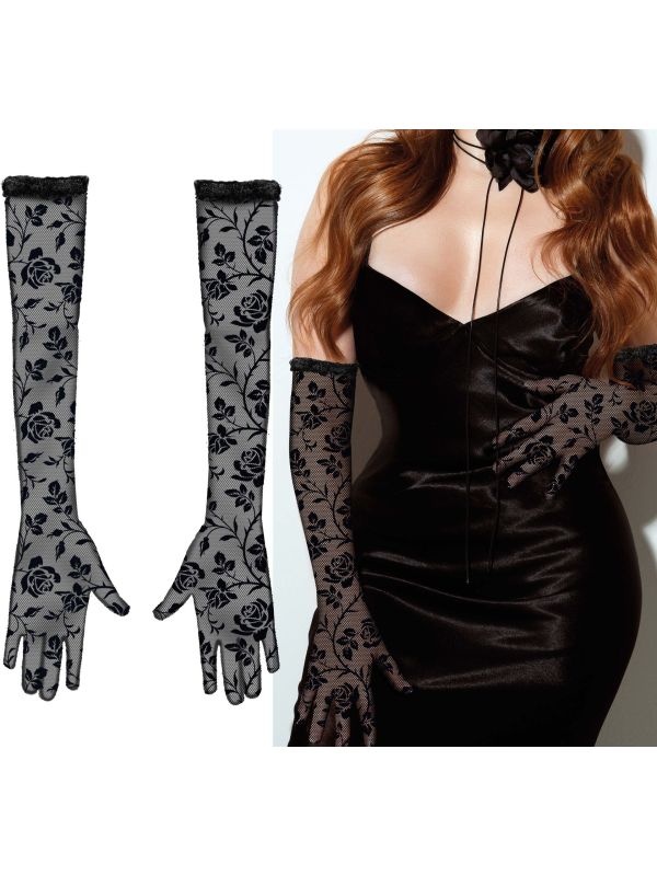 Zwarte Lange Handschoenen Kant Bloemen