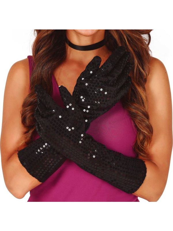 Zwarte Lange Pailletten Handschoenen