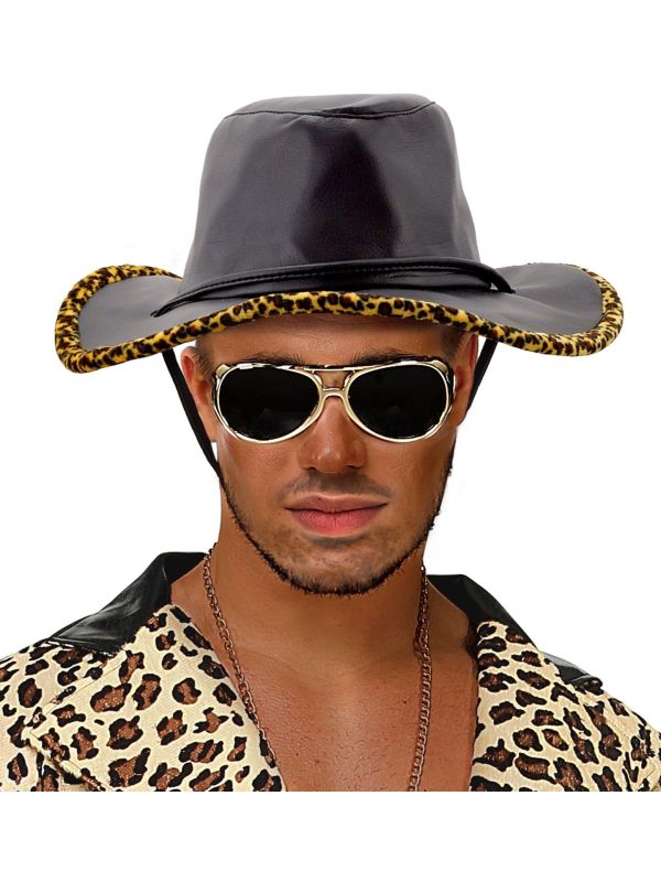 Zwarte Lederlook Cowboyhoed met Luipaard Print