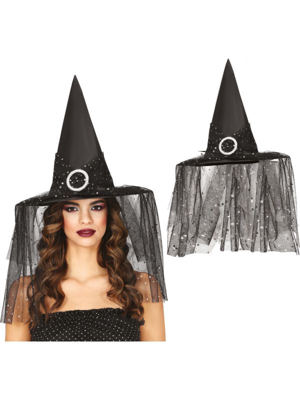 Zwarte Magische Heksenhoed met Sluier