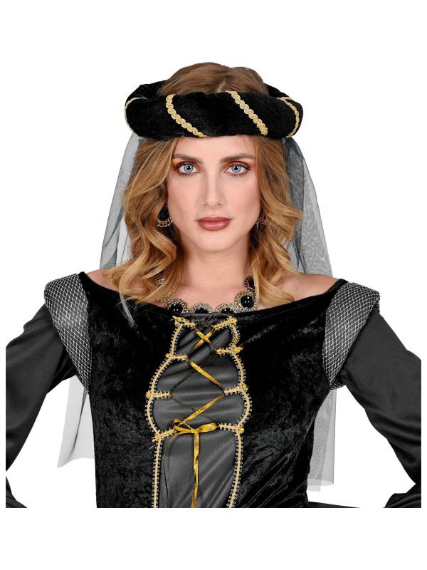 Zwarte Middeleeuwse Hoofddeksel met Suier