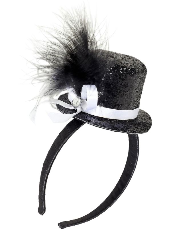 Zwarte Mini Glitter Hoedje met Veer