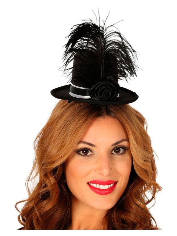 Zwarte Minihoed met Veren en Roos