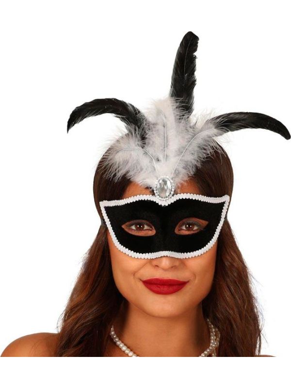 Zwarte Pailletten Oogmasker met Veren