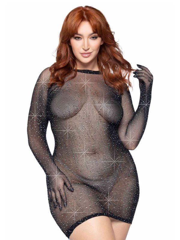 Zwarte Plus Size Strass Visnet Jurkje met Handschoen Mouwen