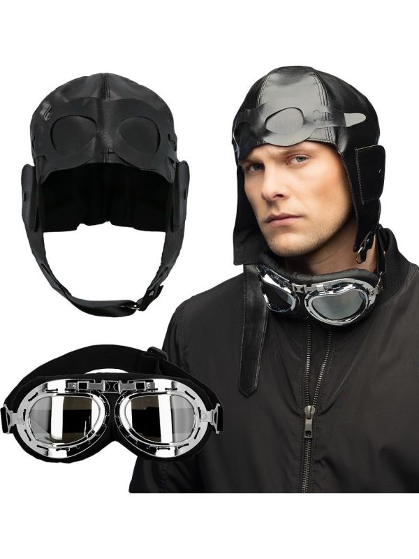 Zwarte Retro Piloot Accessoireset Pet/Helm en Bril