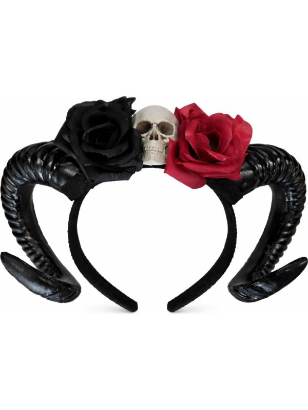 Zwarte Tiara met Ramshorens en Rozen Halloween