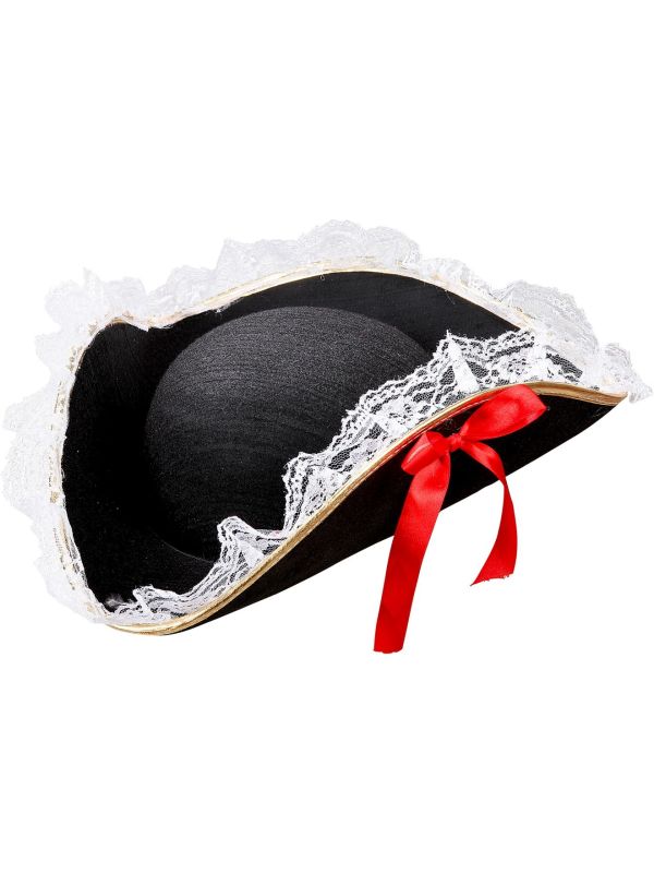 Zwarte Tricorn Piratenhoed met Kant