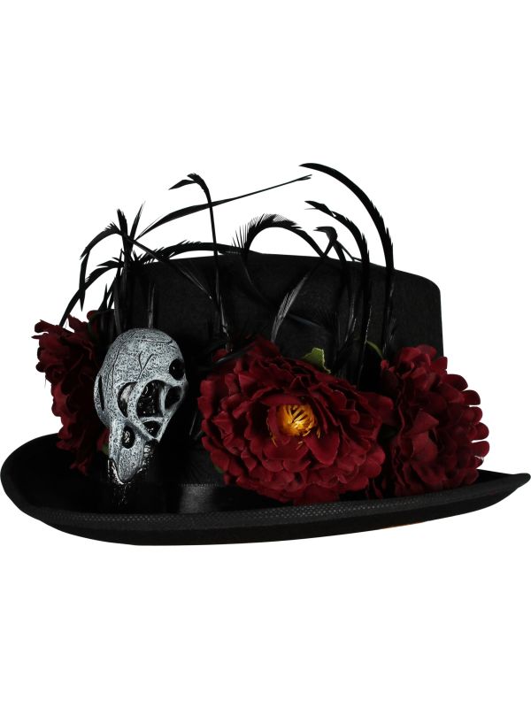 Zwarte Voodoo Hoed met Doodshoofd en Rozen Halloween