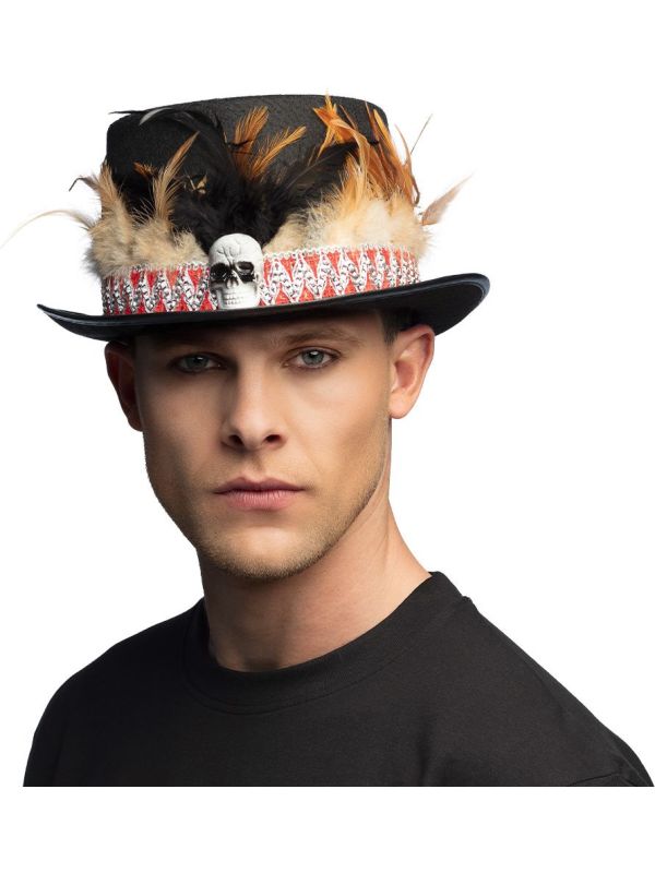 Zwarte Voodoo Hoed met Schedel en Veren