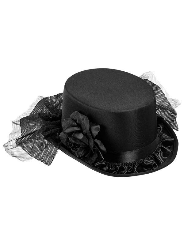 Zwarte Weduwe Hoed met Roos