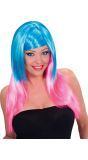 Blauw-Roze Pruik Lang Haar