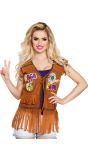 Bruin Hippie Franje Gilet Met Peace En Love Print Dames